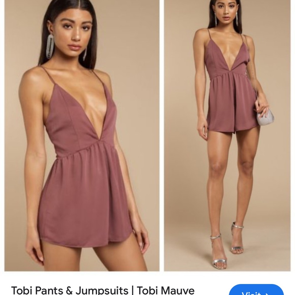 NWT- Tobi Mauve Satin Like Plunging Thin Strap Romper- S
